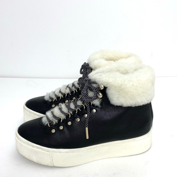 JOIE Handan Shearling High-Top Fur Cuff Leather Platform Sneakers in Black Sz 5 - Picture 6 of 10